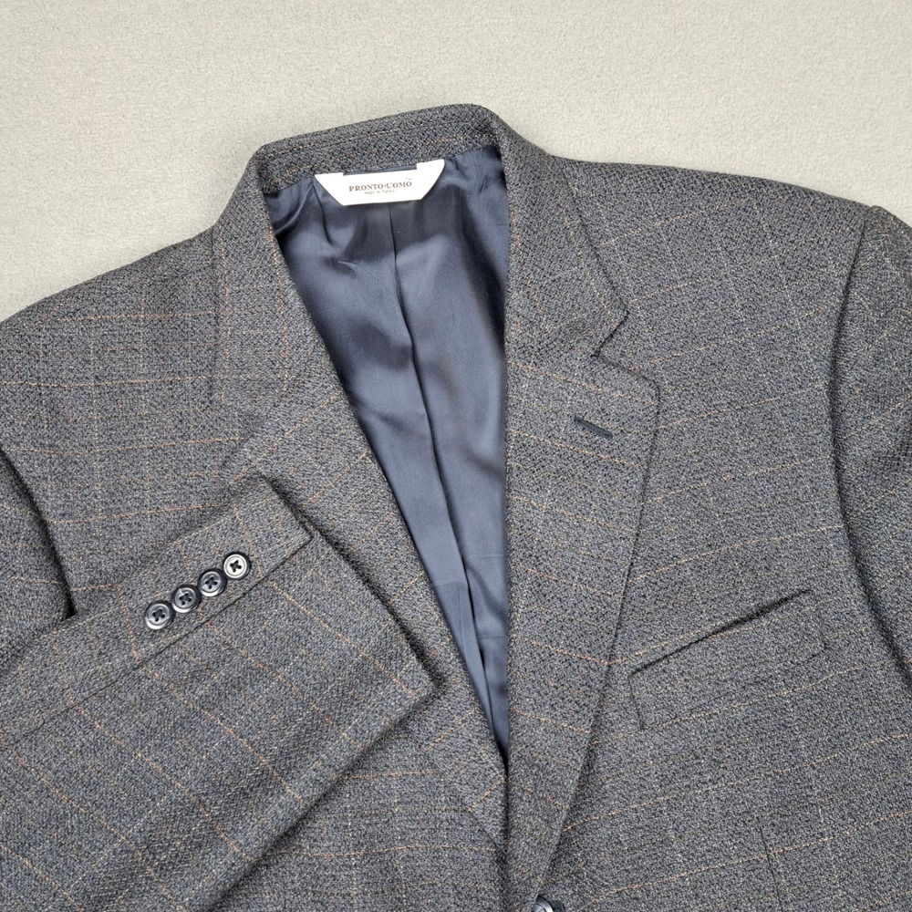 Pronto Uomo‎ Blazer Mens 44 Long Gray Gold Check Silk Wool Sport Coat Jacket